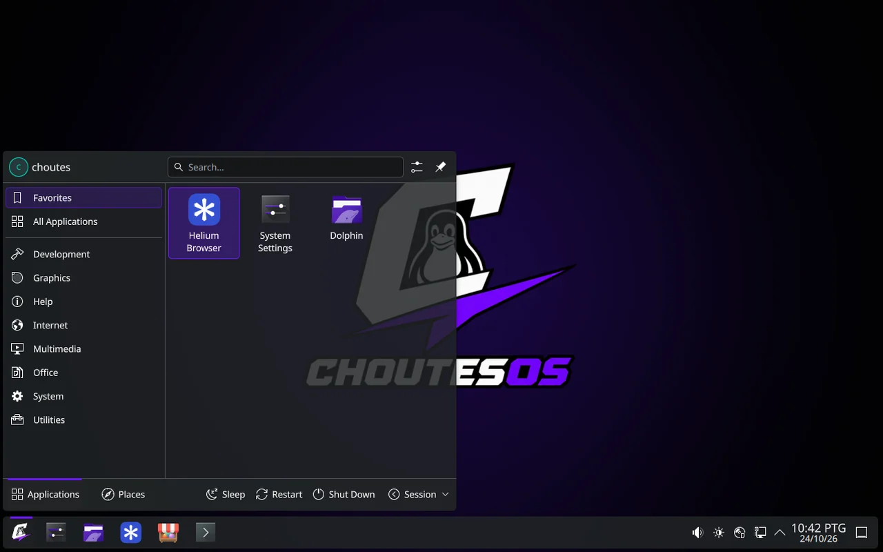 ChoutesOS desktop with the start menu open